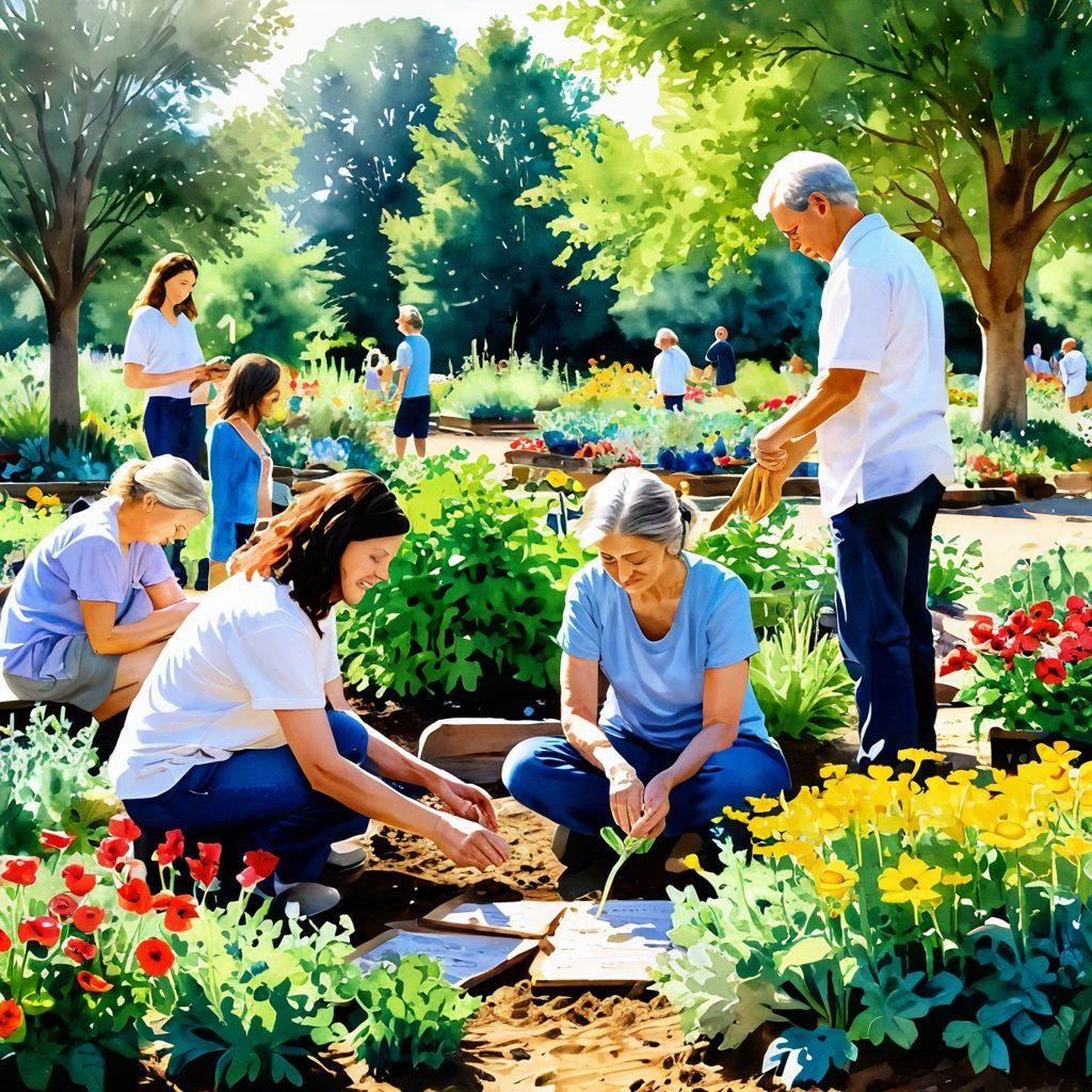 A serene community garden scene where diverse individuals come together, planting vibrant flowers and vegetables, symbolizing hope and healing. Soft sunlight filters through trees, creating a warm, inviting atmosphere. Include elements like supportive quotes on wooden signs and gentle interactions among the participants. A subtle watercolor effect enhances the emotional depth. watercolor. vibrant colors.