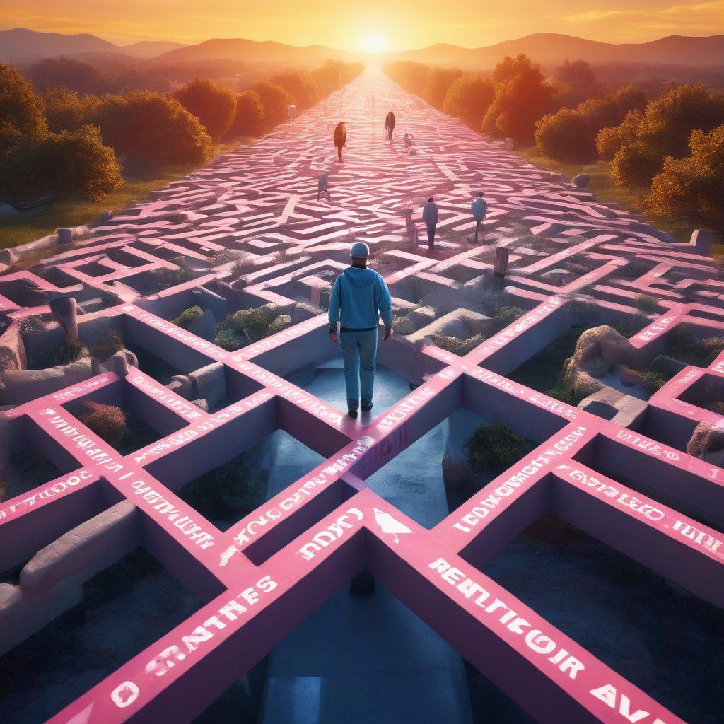 A powerful scene depicting a diverse group of cancer fighters navigating a symbolic maze made of tumors, with road signs pointing to essential resources and advocacy groups. The background should feature a sunrise, symbolizing hope. Include visual elements like supportive friends and family members, and various cancer awareness ribbons in vibrant colors. super-realistic. vibrant colors. hopeful atmosphere.